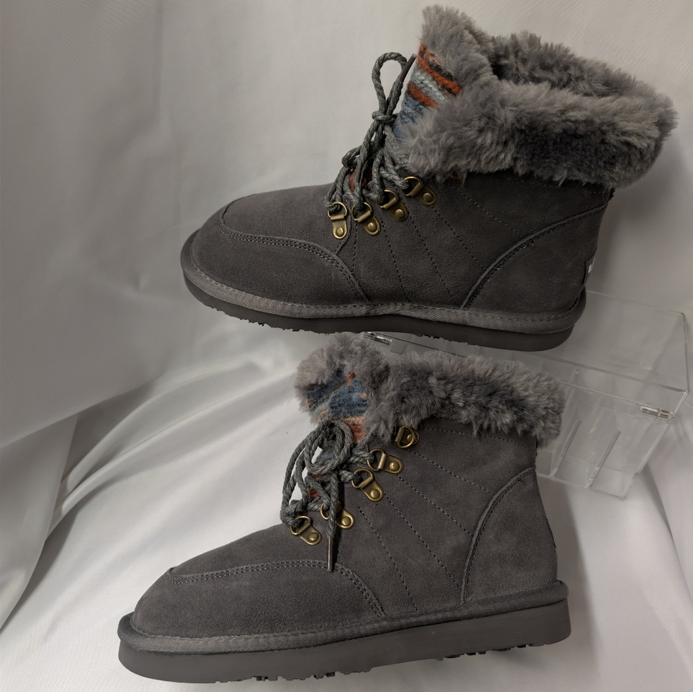 Lamo Winter Suede Boots Gray Splash Proof Size 7 Comfort Foot Faux Fur NIB - Picture 8 of 13